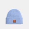 Coach Knit Beanie With Leather Patch In Mist Blue