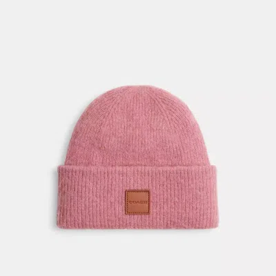 Coach Knit Beanie With Leather Patch In True Pink