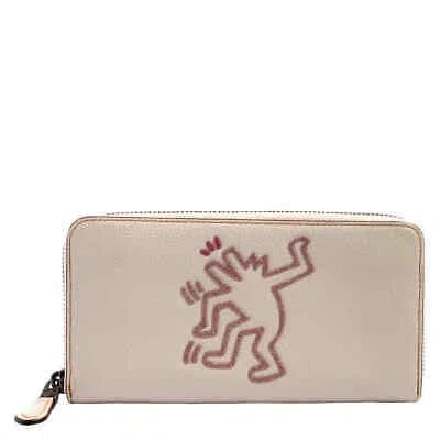 Pre-owned Coach Ladies Chalk Keith Haring Accordion Zip Leather Wallet 28677 Chlk In Gray