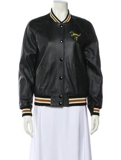 Pre-owned Coach Lamb Leather Graphic Print Bomber Jacket In Black
