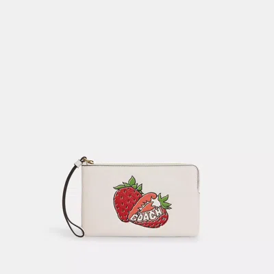 Coach Large Corner Zip Wristlet With Strawberry Graphic