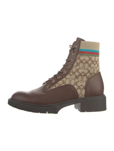 Pre-owned Coach Leather Printed Combat Boots In Brown