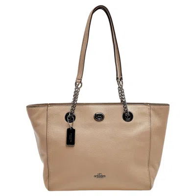 Coach Leather Turnlock Tote In Brown