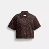 Coach Leopard Print Denim Short Sleeve Top In Organic Cotton In Brown