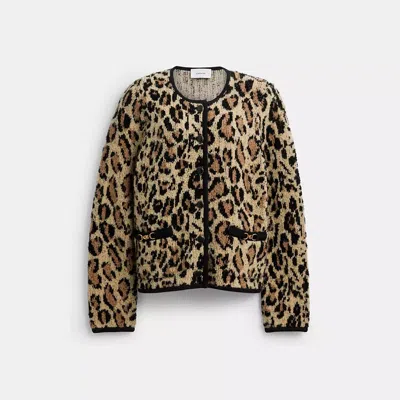 Coach Leopard Print Sculpted C Heritage Cardigan In Brown