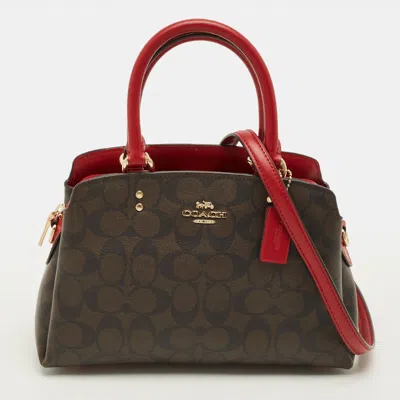 Pre-owned Coach Lillie Carryall Mini Dark Brown/red Signature Coated Canvas And Leather Satchel