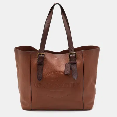 Pre-owned Coach Logo Embossed Brown Grained Leather Tote