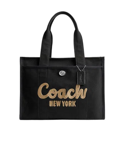 Coach Logo-embroidered Canvas Tote Bag In Black