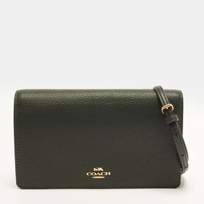 Pre-owned Coach Logo Flap Dark Green Leather Wallet On Chain