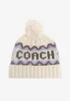 Coach Logo Intarsia Knitted Pom Pom Beanie In Neutral