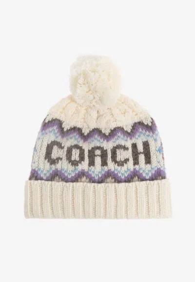Coach Logo Intarsia Knitted Pom Pom Beanie In White