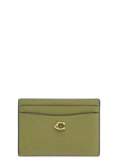 Coach Logo Leather Card Holder In Green