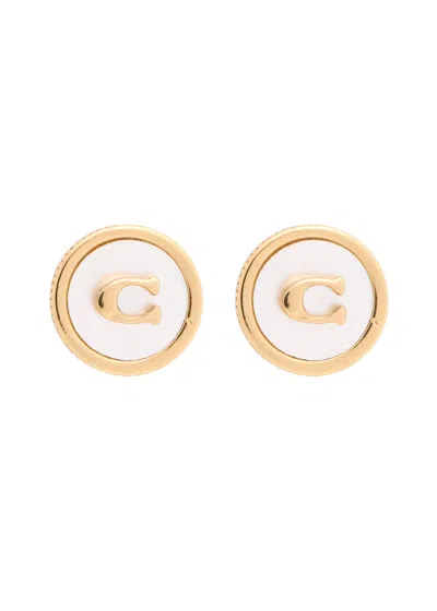 Coach Logo Mother Of Pearl Stud Earrings In Gold