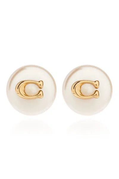 Coach Logo Plaque Stud Earrings In Metallic