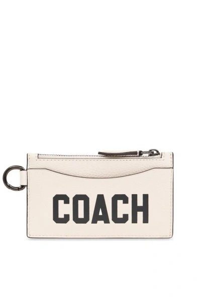 Coach Logo Printed Zipped Card Case In Beige