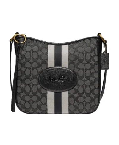 Coach Logo Striped Shoulder Bag In Black
