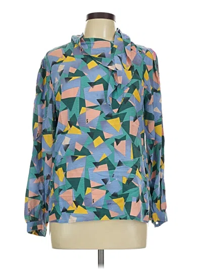 Pre-owned Coach Long Sleeve Silk Top Teal Print Pattern Tie Neck Tops
