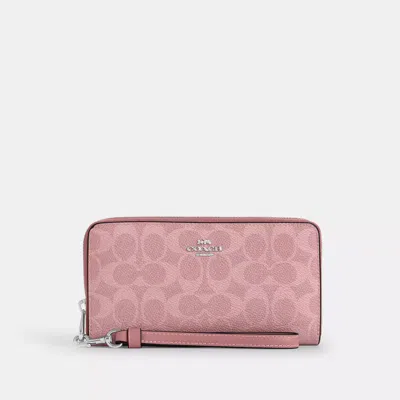 Coach Long Zip Around Wallet In Signature Canvas In Pink