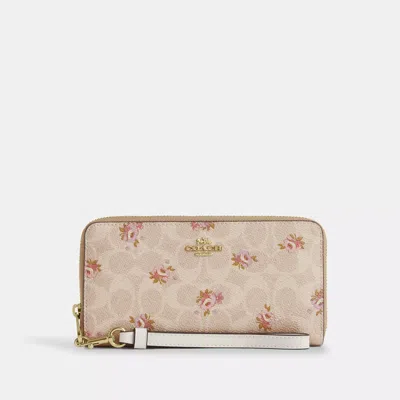 Coach Long Zip Around Wallet In Signature Canvas With Floral Print In Beige