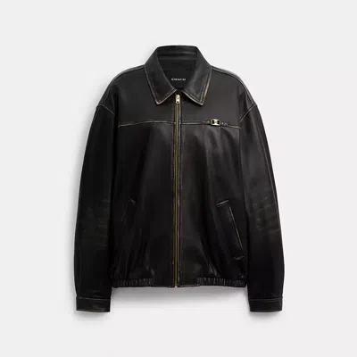 Coach Loveworn Heritage C Oversized Leather Jacket In Black