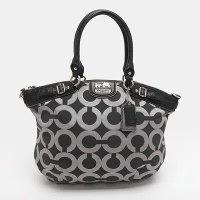 Pre-owned Coach Madison Black Op Art Sateen And Leather Satchel In Gray