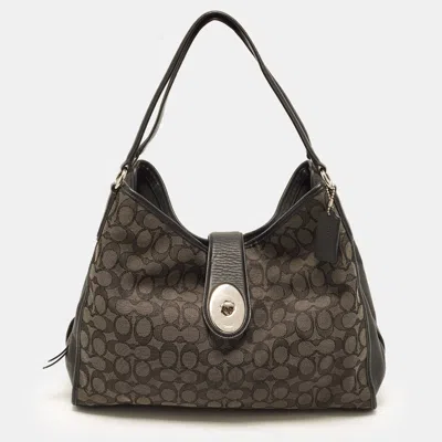 Pre-owned Coach Madison Black/grey Jacqaurd Canvas And Leather Shoulder Bag