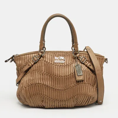 Pre-owned Coach Madison Gathered Beige Leather Satchel In Sand