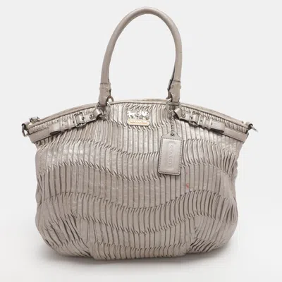 Pre-owned Coach Madison Gathered Metallic Leather Satchel In Silver