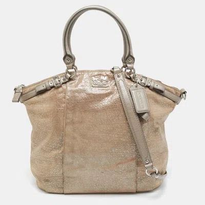 Pre-owned Coach Madison Lindsey Grey Shimmer Nubuck Leather Satchel