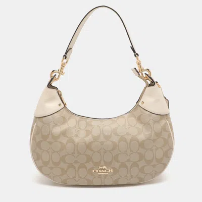Pre-owned Coach Mara Two Tone Beige Signature Canvas And Leather Hobo In Sand