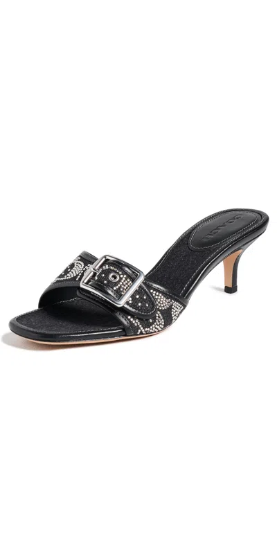 Coach Margot Distressed Crystal Signature Sandals Black Denim Crystals