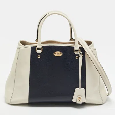 Pre-owned Coach Margot Off White/navy Blue Leather Carryall Satchel