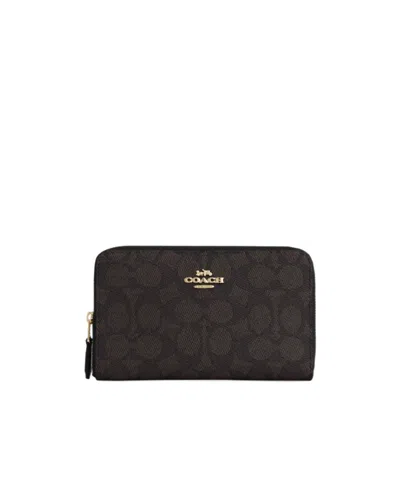Coach Medium Id Zip Wallet In Signature Canvas In Signature Canvas/gold/walnut/black