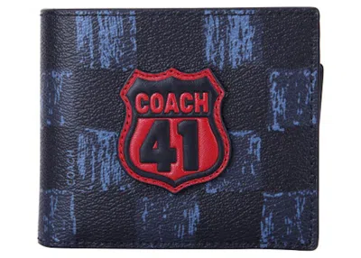 Pre-owned Coach Men's  3 In 1 Graphic Checker Wallet In Midnight Navy Blue/black