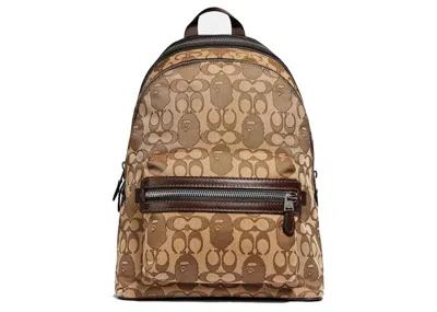 Pre-owned Coach Men's  X Bape Academy Backpack Signature Jacquard With Ape Head In Light Antique Nickel/khaki