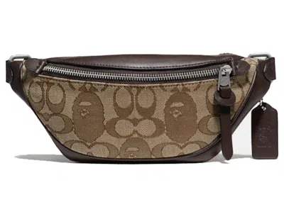 Pre-owned Coach Men's  X Bape Rivington Belt Bag 7 Signature Jacquard With Ape Head In Light Antique Nickel/kha