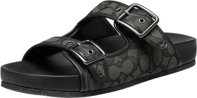 Pre-owned Coach Men's Signature Jacquard Leather Buckle Strap Sandal, Rubber Outsole In Black