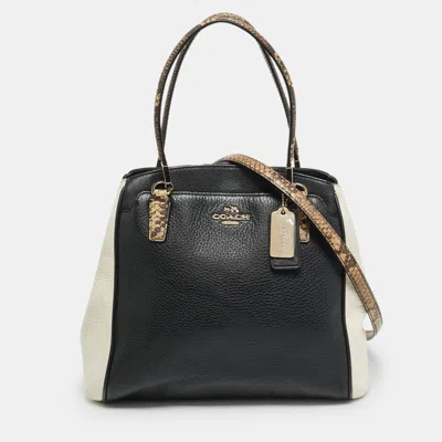 Pre-owned Coach Minetta Black/white Python Embossed And Leather Satchel