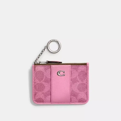 Coach Mini Skinny Id Case In Signature Canvas In Silver/vivid Pink