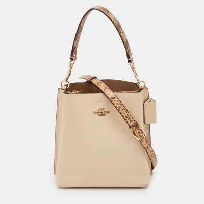 Pre-owned Coach Mollie Beige Python Embossed And Leather Bucket Bag In Sand