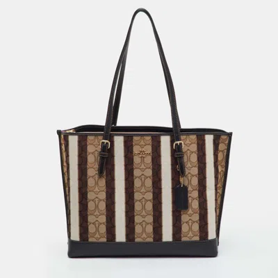 Pre-owned Coach Mollie Multicolor Chalk Signature Canvas And Leather Stripe Tote