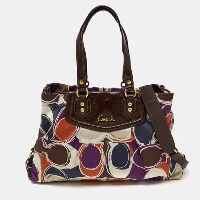 Coach Multicolor Ashley Logo Scarf Print Satin And Patent Leather Tote