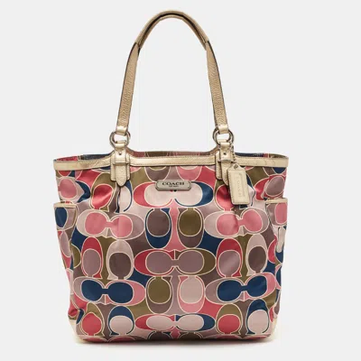 Pre-owned Coach Multicolor Op Art Satin And Leather Side Pocket Tote