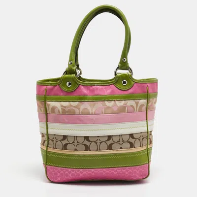Pre-owned Coach Multicolor Signature Striped Canvas And Leather Tote