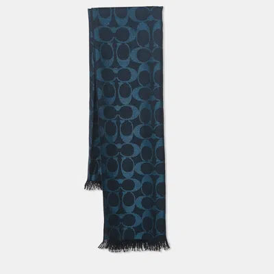 Pre-owned Coach Naby Blue Monogram Jacquard Wool Scarf