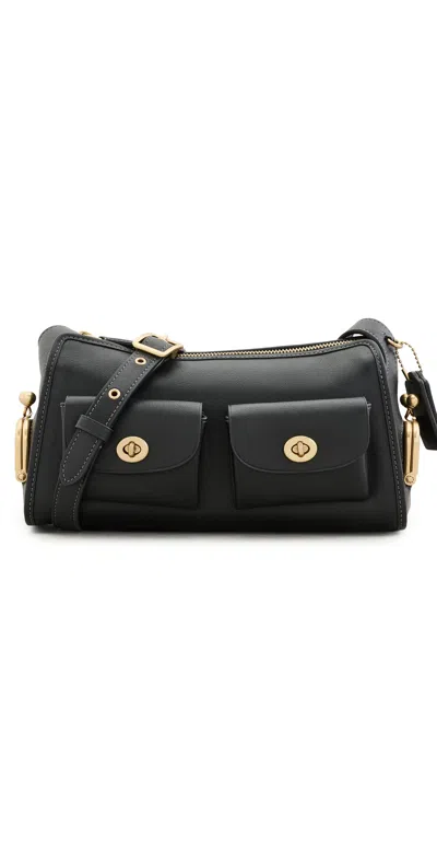 Coach Natural Grain Leather Turnlock Haversack Bag 27 Black