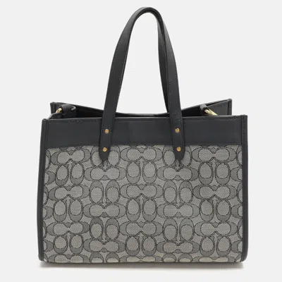 Pre-owned Coach Navy Blue Canvas And Leather Field Tote 30