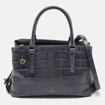 Pre-owned Coach Navy Blue Croc Embossed Leather Brooklyn Carryall 28 Tote