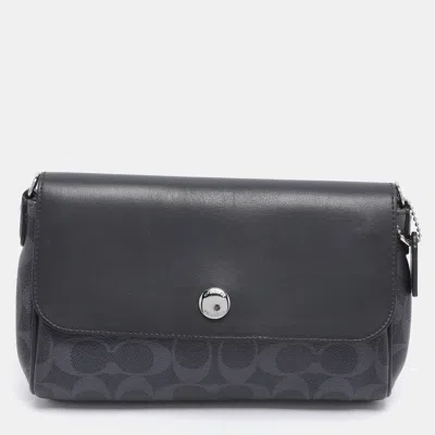 Pre-owned Coach Navy Blue Signature Coated Canvas And Leather Reversible Flap Crossbody Bag