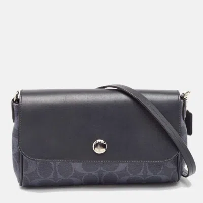 Pre-owned Coach Navy Blue Signature Coated Canvas And Leather Reversible Flap Crossbody Bag